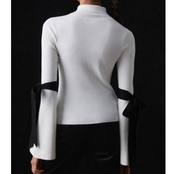 Maeve by Anthropologie White Black Mock Neck Bow Bell Sleeve Sweater Size Medium - Picture 2 of 13